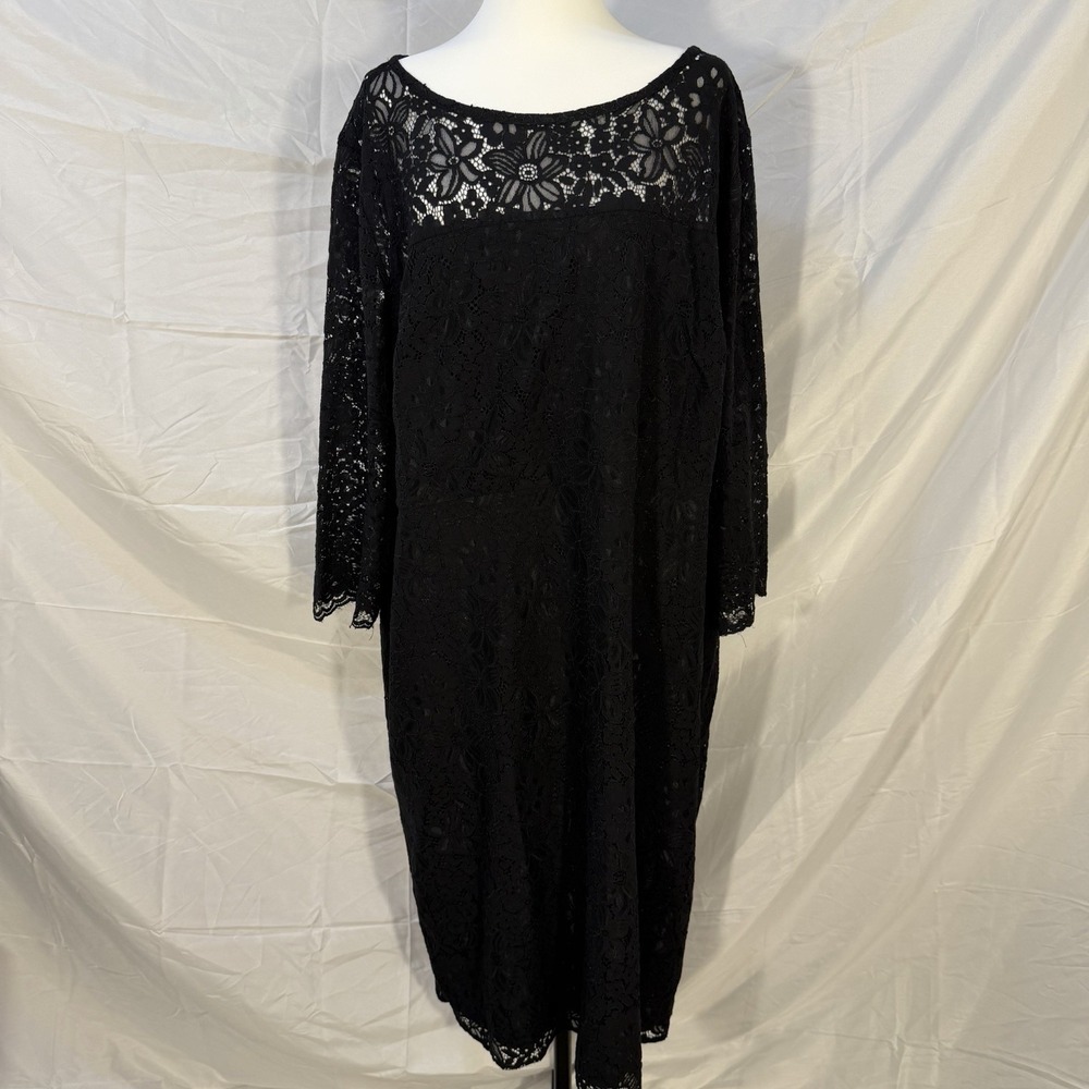 LOFT Plus Dress Womens 22 Black Lace Shift Scoop Neck 3/4 Sleeve Lined Cocktail